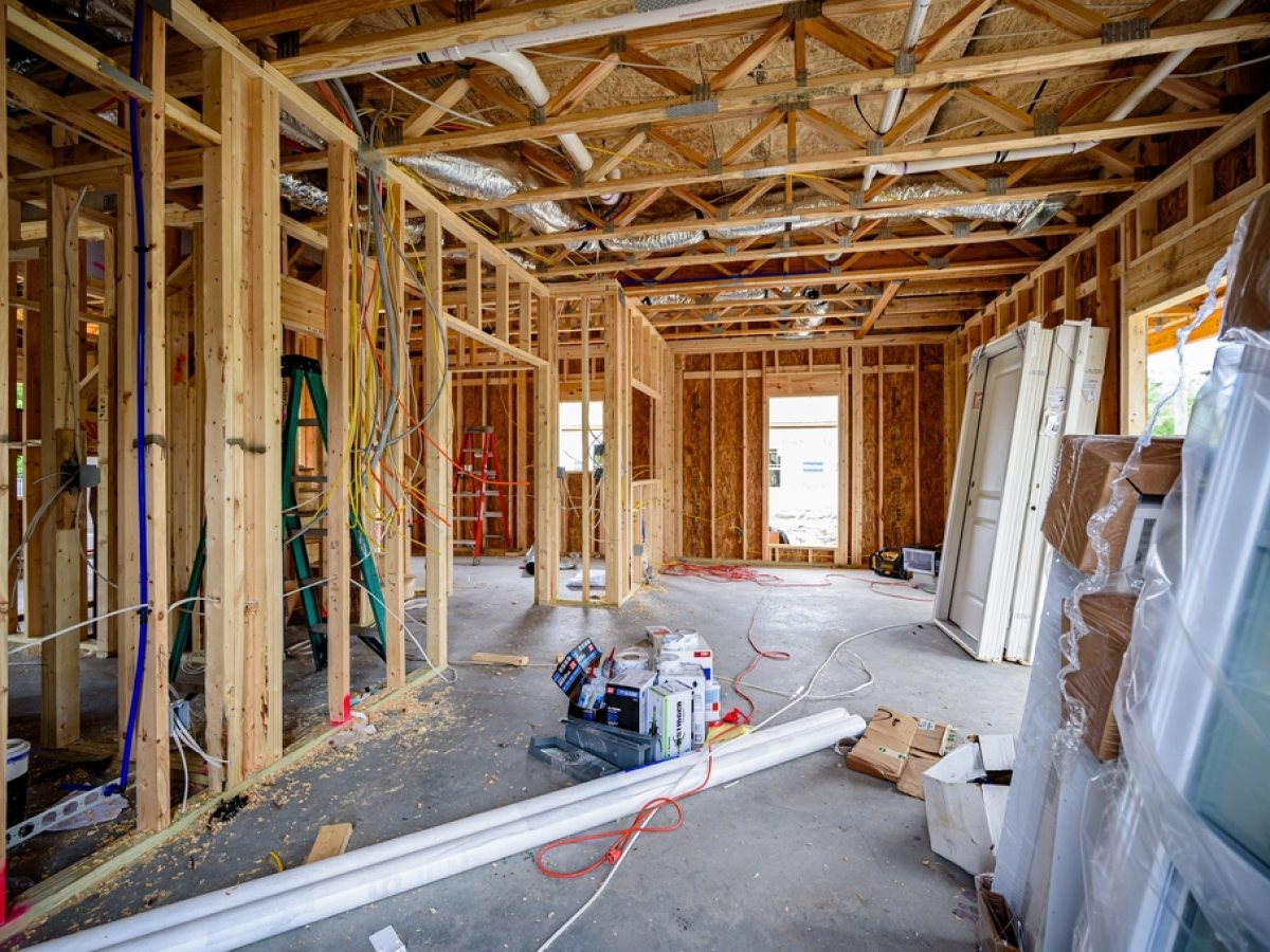 Interior framing on an active construction site